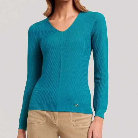 Luisa Spagnoli wool teal turquoise V neck ribbed sweater REVOLVE - Picture 1 of 4